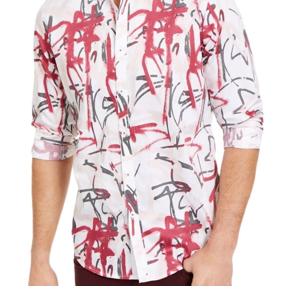 $15 SALE INC Button Down Print Shirt Mens S Long‎ Sleeves Pink Gray Casual
